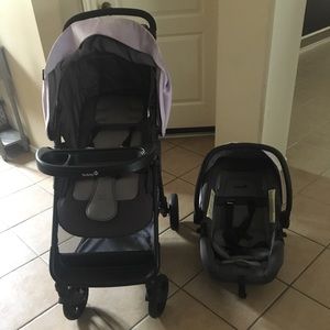Car seat and stroller purple and grey
